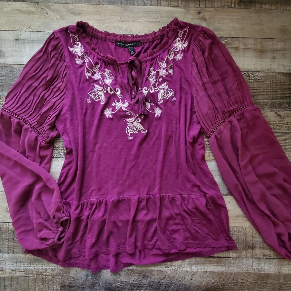 White House Black Market embroidered boho tunic top S sheer pleated sleeves